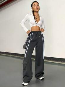 StreetHx Women's Side Stripe Drawstring Thermal Lined Sweatpants - Black - View 5