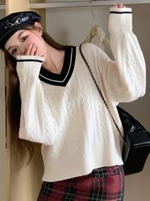 Dazy Star Sọc tương phản Cắt tỉa Thả vai Xoắn Dan Áo len - trắng - Xem 5