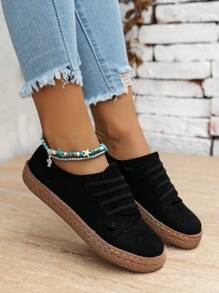 Women's Retro Colorful Sewing Thread Mid-top Athletic Shoes With Round Toe, Spring/autumn Casual Flat Heel Holiday Style Black Flat Shoes