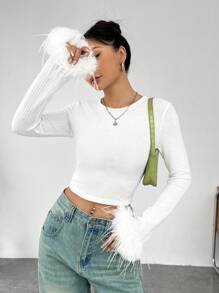 SHEIN EZwear Women's Feather Cuff Crop Top - White - View 1