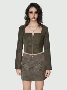 ROMWE Grunge Punk Damen-pu-langarmoberteil Mit Quadratischem Ausschnitt Und Reißverschluss - Olivgrün - Übersicht 5