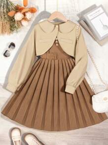 Teen Girl Casual And Elegant Waisted Pleated Dress Set With Crop Jacket