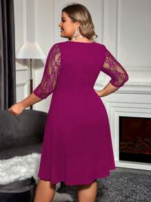 SHEIN Clasi Plus Contrast Lace Notched Neckline Dress - Red Violet - View 2