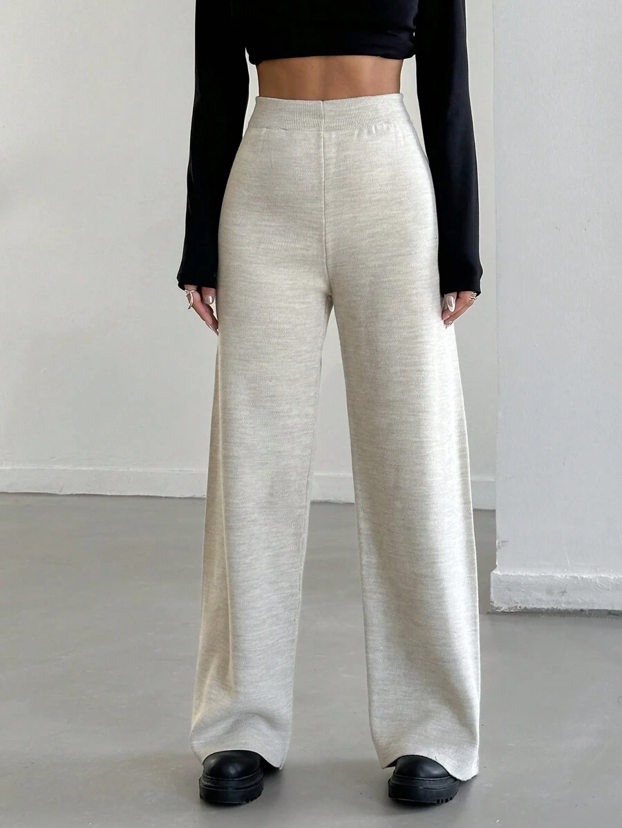 SHEIN Cottnline Solid High Waist Knitted Pants - Beige - View 1