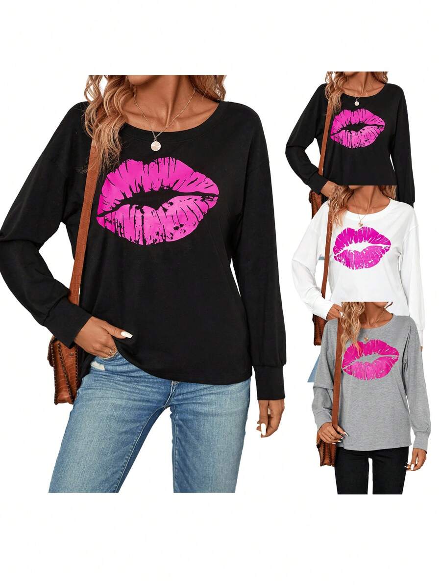 SHEIN LUNE Women's Three-piece Lips Print Sweatshirt - Multicolor - View 1