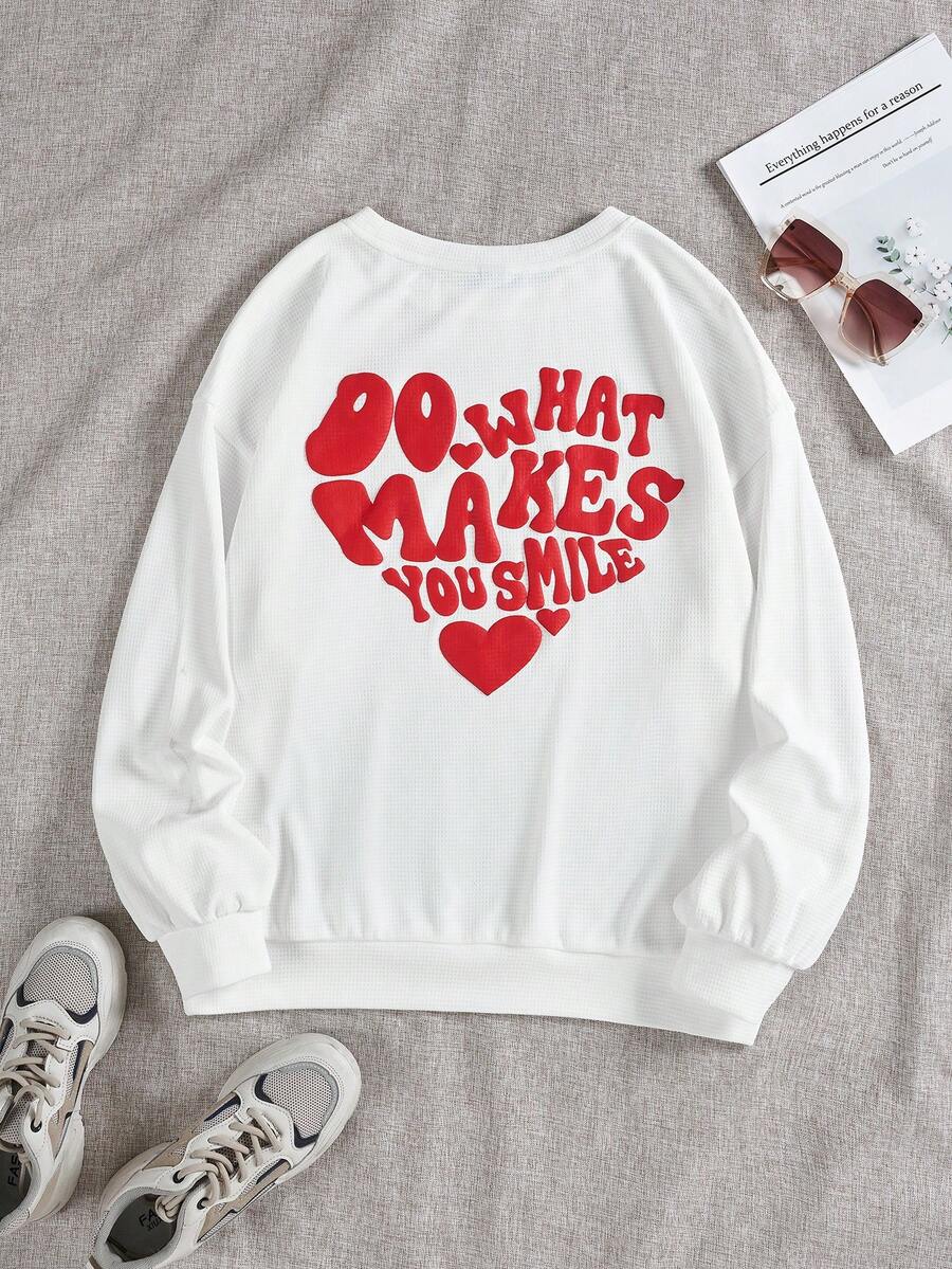 SHEIN Qutie Letter & Heart Graphic Drop Shoulder Sweatshirt - White - View 1