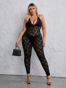 SHEIN SXY 大尺碼蕾絲無背領口連身褲 - 黑色 - 查看 4