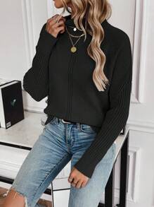 SHEIN Essnce 女款秋冬簡約百搭高領毛衣 - 黑色 - 查看 3