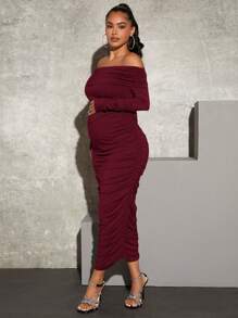 SHEIN Maternity Off Shoulder Ruched Bodycon Dress - Burgundy - View 4