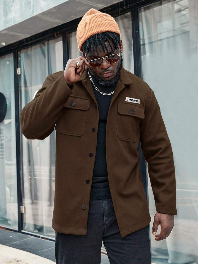 Men Plus Letter Patched Flap Pocket Overcoat