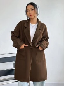 SHEIN Unity Màu thuần Túi đôi Tay áo dài Len áo - màu nâu - Xem 5