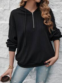 SHEIN LUNE 女士純色下垂肩拉鍊半扣繩口帽衫 - 黑色 - 查看 6