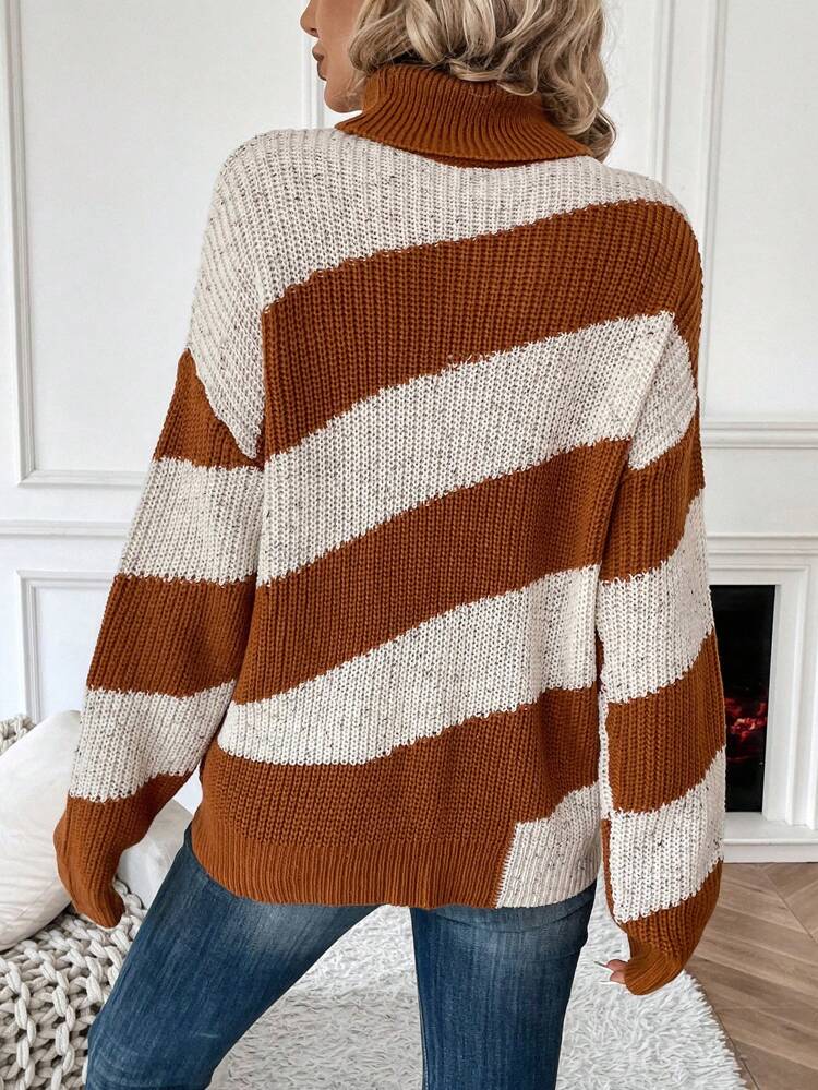 Two Tone Turtleneck Drop Shoulder Knit Pullover Fall Winter Sweater