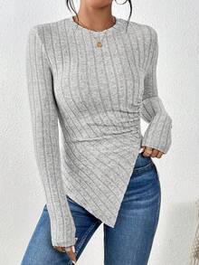 SHEIN Frenchy 純色不對稱下擺t卹 - 淺灰色 - 查看 4