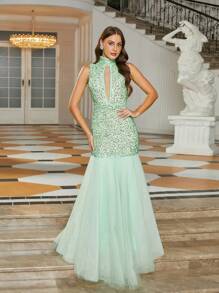 Missord Glitter & Mesh Mermaid Hem Evening Party Formal Dress - Green - View 1