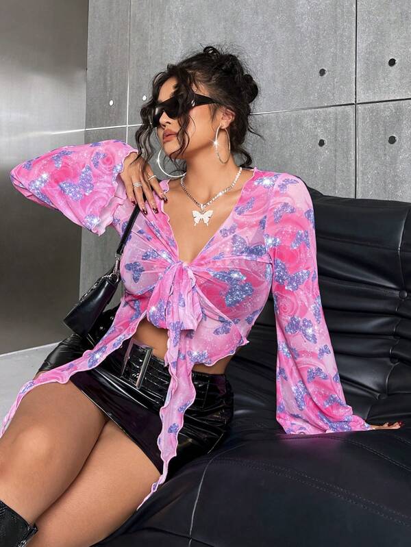 SHEIN ICON Plus Top din plasă cu mânecă trompetă cu nod cu imprimeu fluture