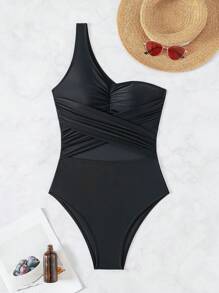 Swim Lushoire 夏季海滩单肩褶皱前交叉带泳衣黑色泳衣黑色连体泳衣曲线泳衣性感连体泳衣 - 黑色 - 查看 6