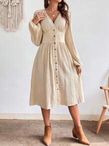 SHEIN VCAY Women's Single Breasted Lantern Sleeve Dress - Apricot - View 4