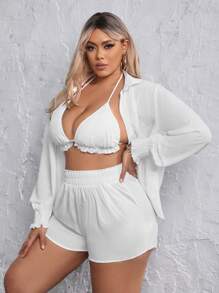 SHEIN SXY 大碼褶邊襯衫和短褲和掛脖上衣 - 白色 - 查看 1
