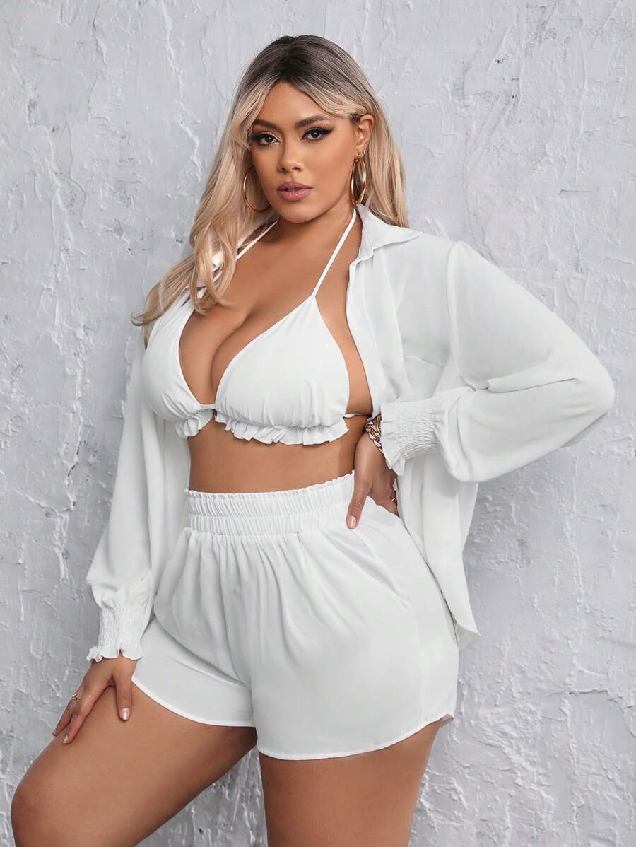 SHEIN SXY 大碼褶邊襯衫和短褲和掛脖上衣 - 白色 - 查看 1