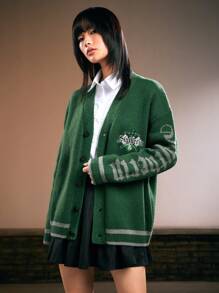 Harry Potter | ROMWE Casaco de Tricô de Ombros Caídos Solto com Brasão de Letra Bordado em Estilo Sonserina para Mulheres