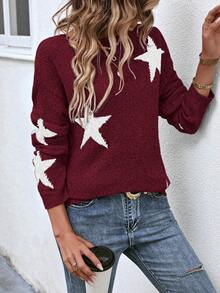 SHEIN LUNE Star Pattern Sweater - Burgundy - View 5