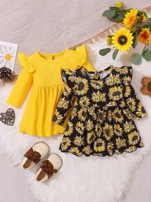SHEIN Đứa bé gái 2 Miếng In hoa Sunflower Viền Ruffle Đầm - trắng - Xem 1