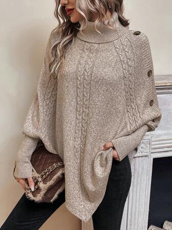 LanaWest Button Detail Turtleneck Casual Women's Sweater,Long Sleeve Tops Knit Pullover Fall Winter Outfit