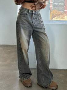 Dazy Star 寬腳牛仔褲,有寬大的斜口袋 - 中等水洗藍 - 查看 4