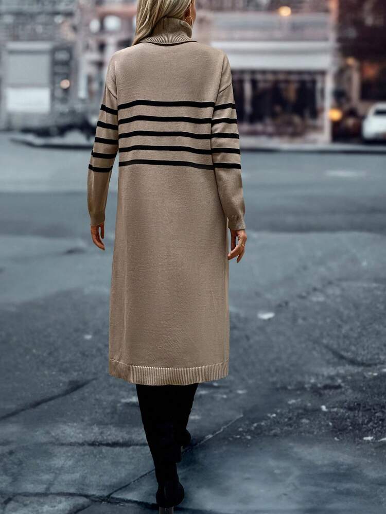 Women's Casual Turtleneck Striped Split Hem Knit Pullover Fall Winter Sweater