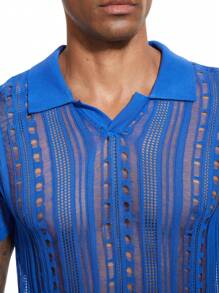 Men'S Hollow Out Collar Knitted Top - Blue - View 3