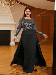 Plus Size Sequined Mesh Contrast Double-Layered Hem Evening Dress