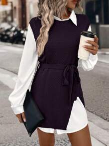 SHEIN Privé Belted Sweater Vest Without Blouse - Purple - View 1