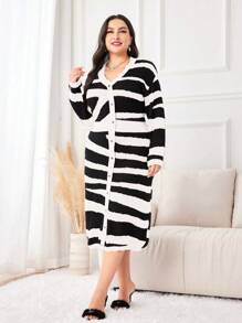 Mulvari Women's Plus Size Full Printed Single-breasted Sweater Dress - Black and White - View 6