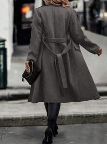 Calvaya Plus Size Women's Houndstooth Lapel Woolen Coat - Grey - View 3