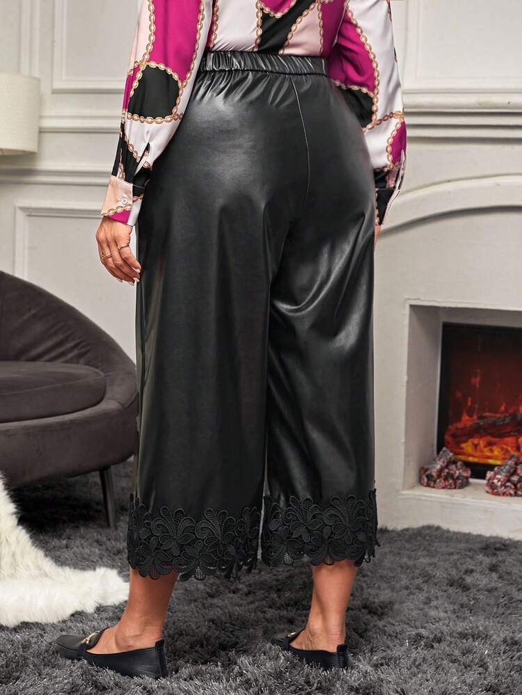 Plus Contrast Lace PU Leather Wide Leg Pants