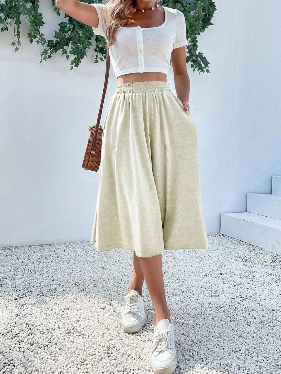 Breezaya Solid Slant Pocket Flare Skirt - Beige - View 1