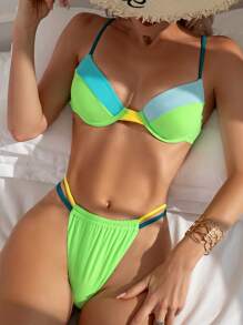 SHEIN Swim Women's Summer Beach Colorblock Neon Bikini Set Bathing Suit - Multicolor - View 2