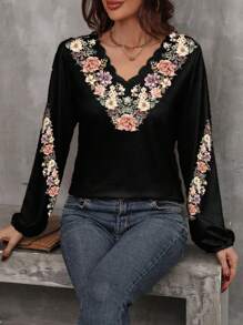 花卉印花扇貝邊燈籠袖套頭衫 - 黑色 - 查看 5