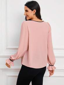 SHEIN Clasi Của phụ nữ Tương phản Nếp uốn Cạnh Ngắn tay Áo sơ mi - Hồng - Xem 2