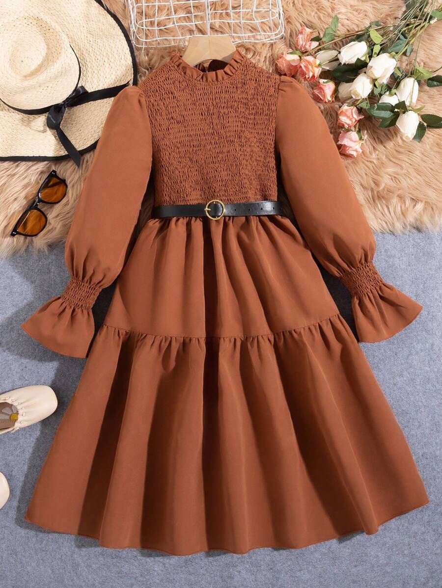 Vestido Marrón Vintage Con Cinturón Para Niña Adolescente Para Otoño E Invierno - Marrón - Ver 1