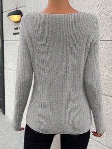 SHEIN Privé Round Neck Solid Color Elegant Pullover Sweater - Grey - View 2