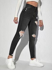 Jeanoix Zipper Fly Ripped Skinny Jeans - Black - View 3