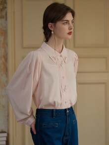 Simple Retro 心形刺繡領長袖襯衫粉色上衣