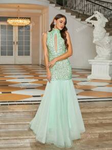 Missord Glitter & Mesh Mermaid Hem Evening Party Formal Dress