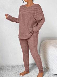 SHEIN PETITE CURVE 2pcs Plus Size Solid Color Long Sleeve Top And Pants Set - Pink - View 3