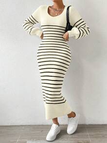 SHEIN Essnce Của phụ nữ Sọc Tay áo lồng đèn Đầm Áo len - Màu be - Xem 5