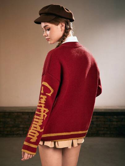 Harry Potter | ROMWE Women Gryffindor House Embroidered Logo Drop Shoulder Loose Cardigan Sweater