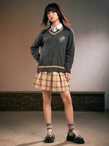 Harry Potter | ROMWE Sọc Cổ chữ V Áo chui đầu Áo len - Xám - Xem 5