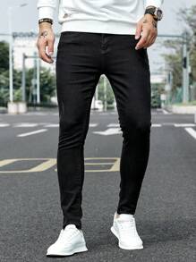 Manfinity Homme Men's Solid Color Simple Style Slim Fit Jeans With Narrow Hem - Black - View 4